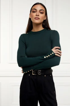 Buttoned Knit Crew Neck (Deep Emerald)