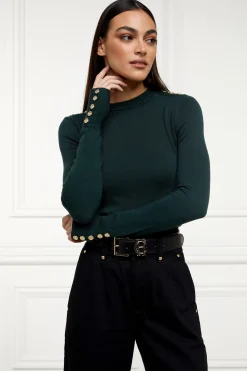 Buttoned Knit Crew Neck (Deep Emerald)