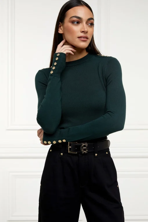 Buttoned Knit Crew Neck (Deep Emerald)