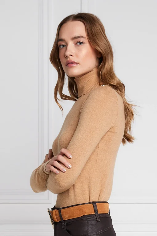 Buttoned Knit Roll Neck (Dark Camel)
