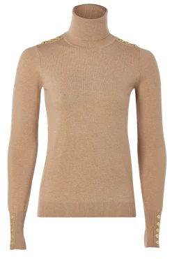 Buttoned Knit Roll Neck (Dark Camel)