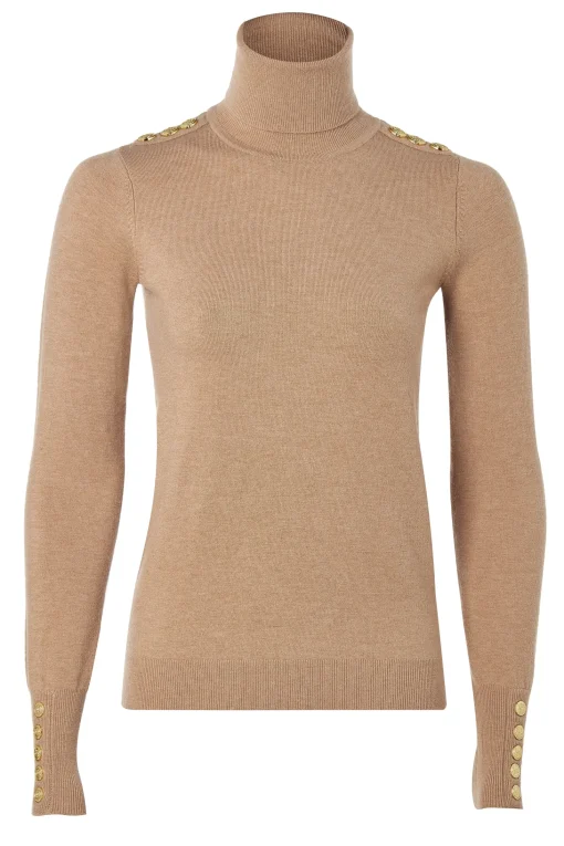 Buttoned Knit Roll Neck (Dark Camel)