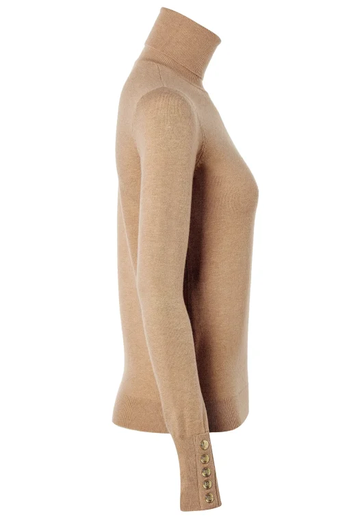 Buttoned Knit Roll Neck (Dark Camel)