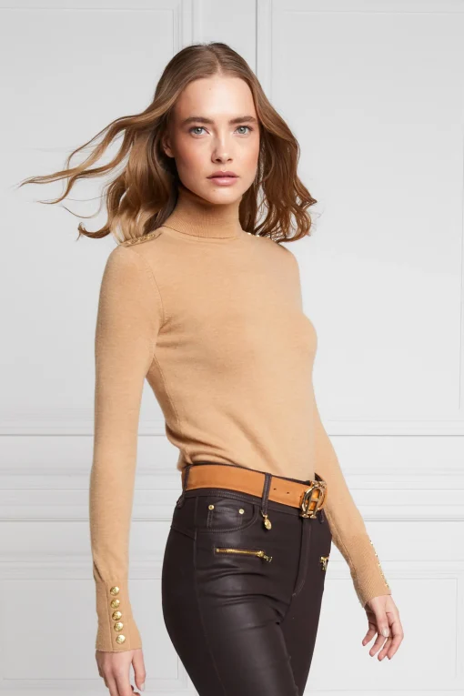 Buttoned Knit Roll Neck (Dark Camel)