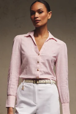 Classic V-Neck Blouse (Pink Stripe)