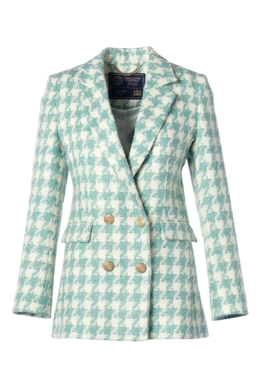 Double Breasted Blazer (Large Scale Teal Houndstooth)