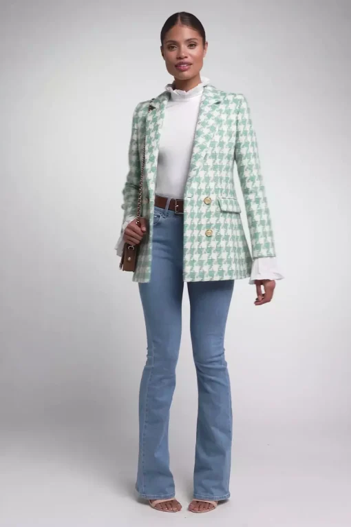 Double Breasted Blazer (Large Scale Teal Houndstooth)