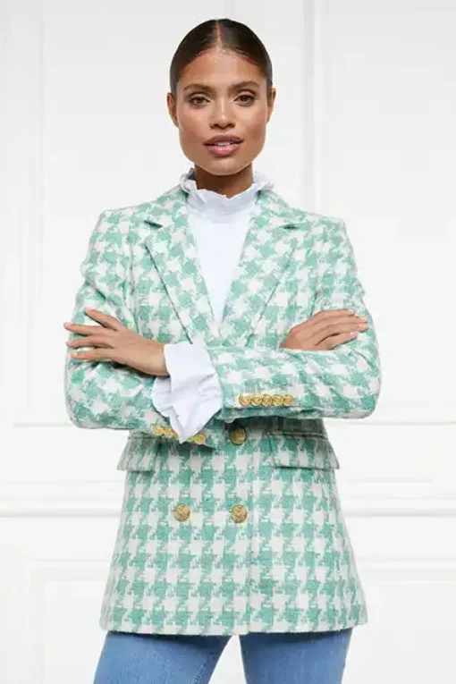 Double Breasted Blazer (Large Scale Teal Houndstooth)