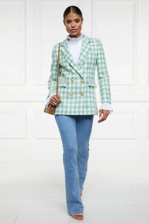 Double Breasted Blazer (Large Scale Teal Houndstooth)