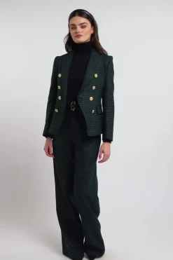 High Waisted Straight Trouser (Emerald Houndstooth)
