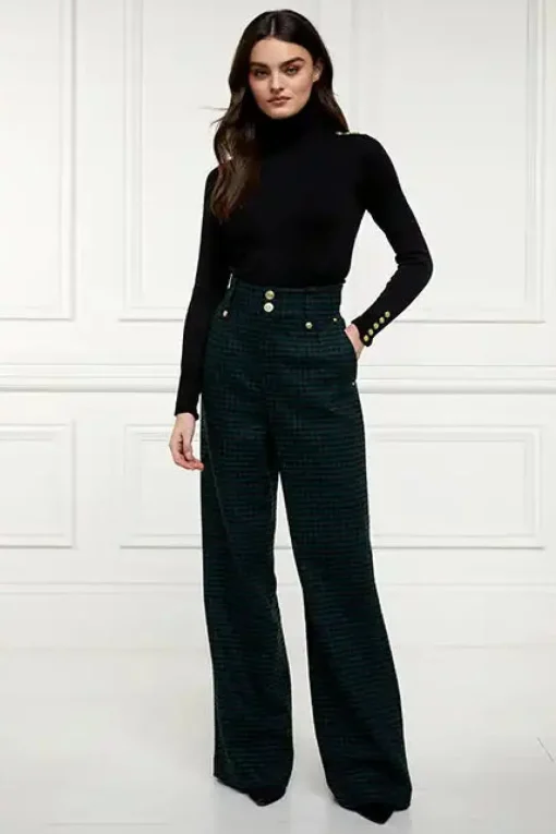 High Waisted Straight Trouser (Emerald Houndstooth)