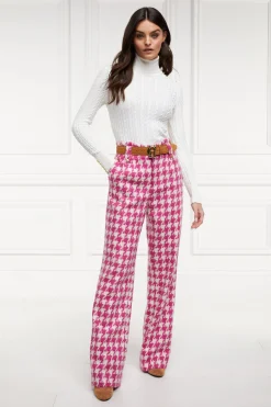 High Waisted Straight Trouser (Hot Pink Large Scale Houndstooth)