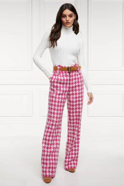 High Waisted Straight Trouser (Hot Pink Large Scale Houndstooth)