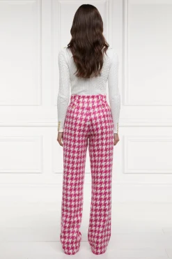 High Waisted Straight Trouser (Hot Pink Large Scale Houndstooth)