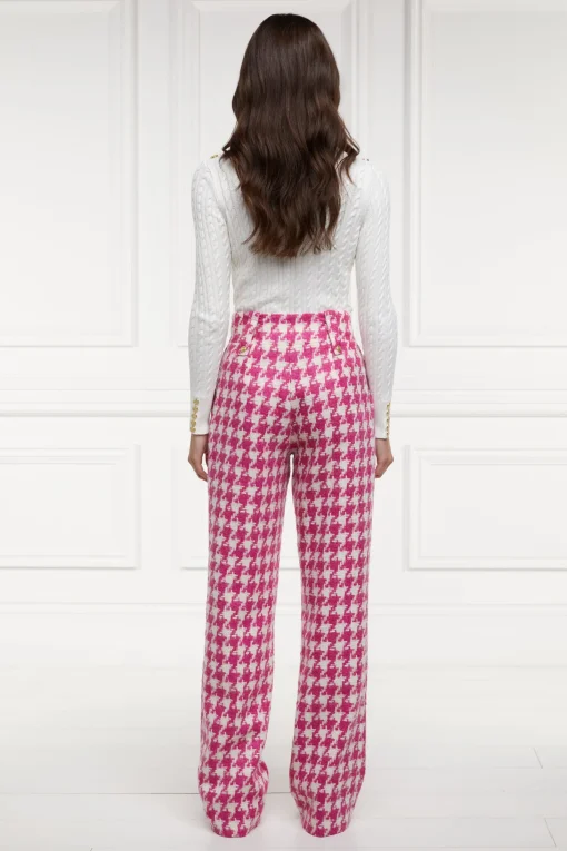 High Waisted Straight Trouser (Hot Pink Large Scale Houndstooth)
