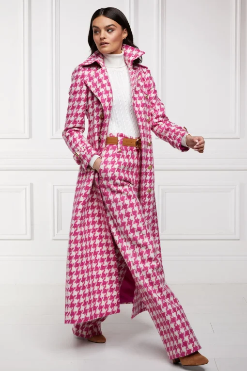High Waisted Straight Trouser (Hot Pink Large Scale Houndstooth)