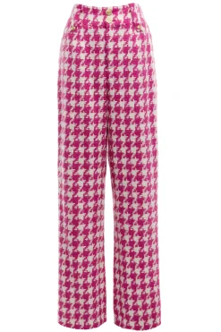High Waisted Straight Trouser (Hot Pink Large Scale Houndstooth)