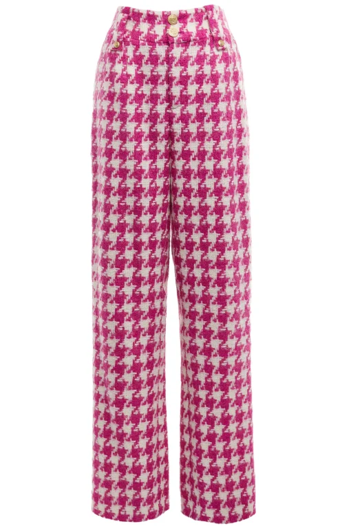 High Waisted Straight Trouser (Hot Pink Large Scale Houndstooth)