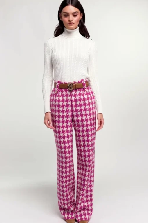 High Waisted Straight Trouser (Hot Pink Large Scale Houndstooth)
