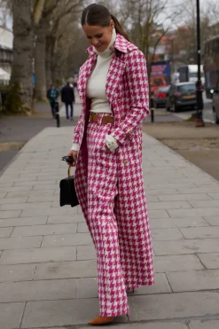 High Waisted Straight Trouser (Hot Pink Large Scale Houndstooth)
