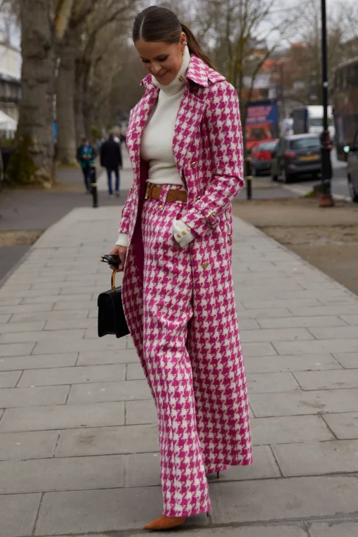 High Waisted Straight Trouser (Hot Pink Large Scale Houndstooth)