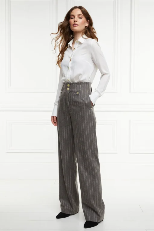 High Waisted Straight Trouser (Soft Grey Pinstripe)