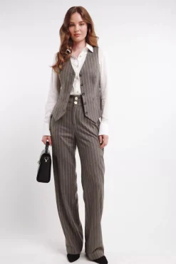 High Waisted Straight Trouser (Soft Grey Pinstripe)