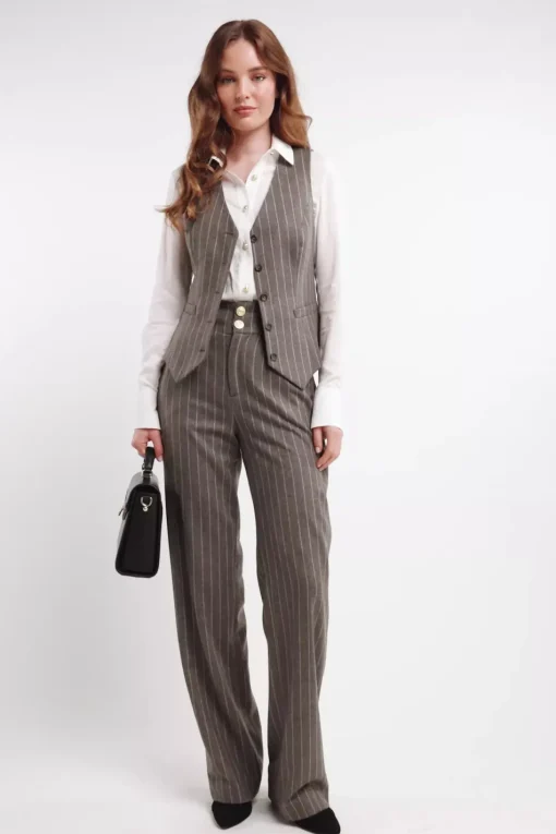 High Waisted Straight Trouser (Soft Grey Pinstripe)