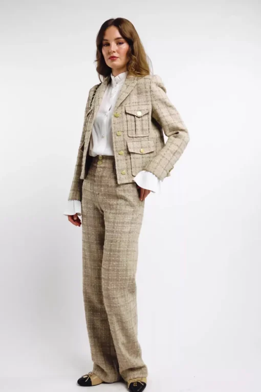 High Waisted Straight Trouser (Camel Sparkle Tweed)