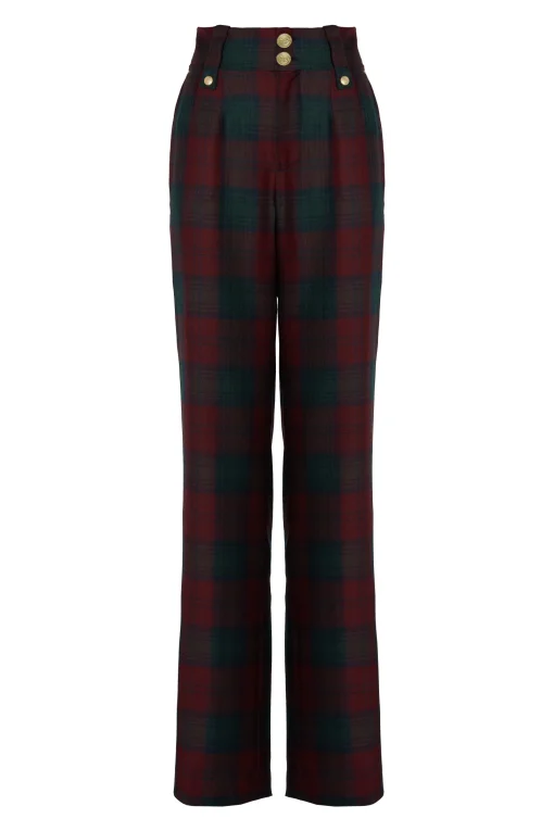 High Waisted Straight Trouser (Mulberry Tartan)