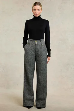 High Waisted Wide Leg Trouser (Wide Tooth Black Herringbone)