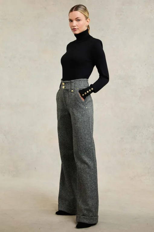 High Waisted Wide Leg Trouser (Wide Tooth Black Herringbone)