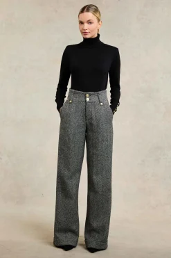 High Waisted Wide Leg Trouser (Wide Tooth Black Herringbone)