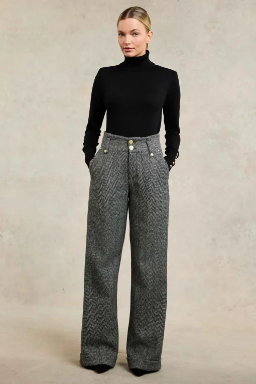High Waisted Wide Leg Trouser (Wide Tooth Black Herringbone)