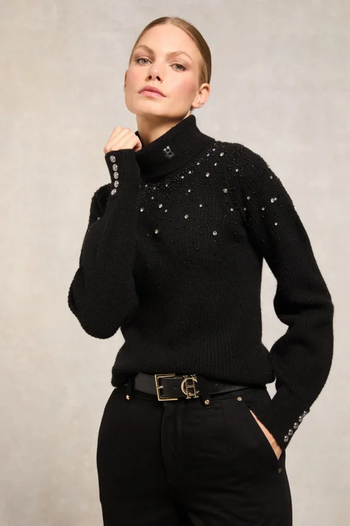 Kelsie Rib Embellished Roll Neck (Black)