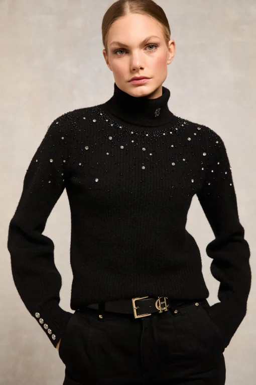 Kelsie Rib Embellished Roll Neck (Black)