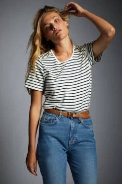 Padstow Crew Neck Tee (Natural Ink Navy Stripe)