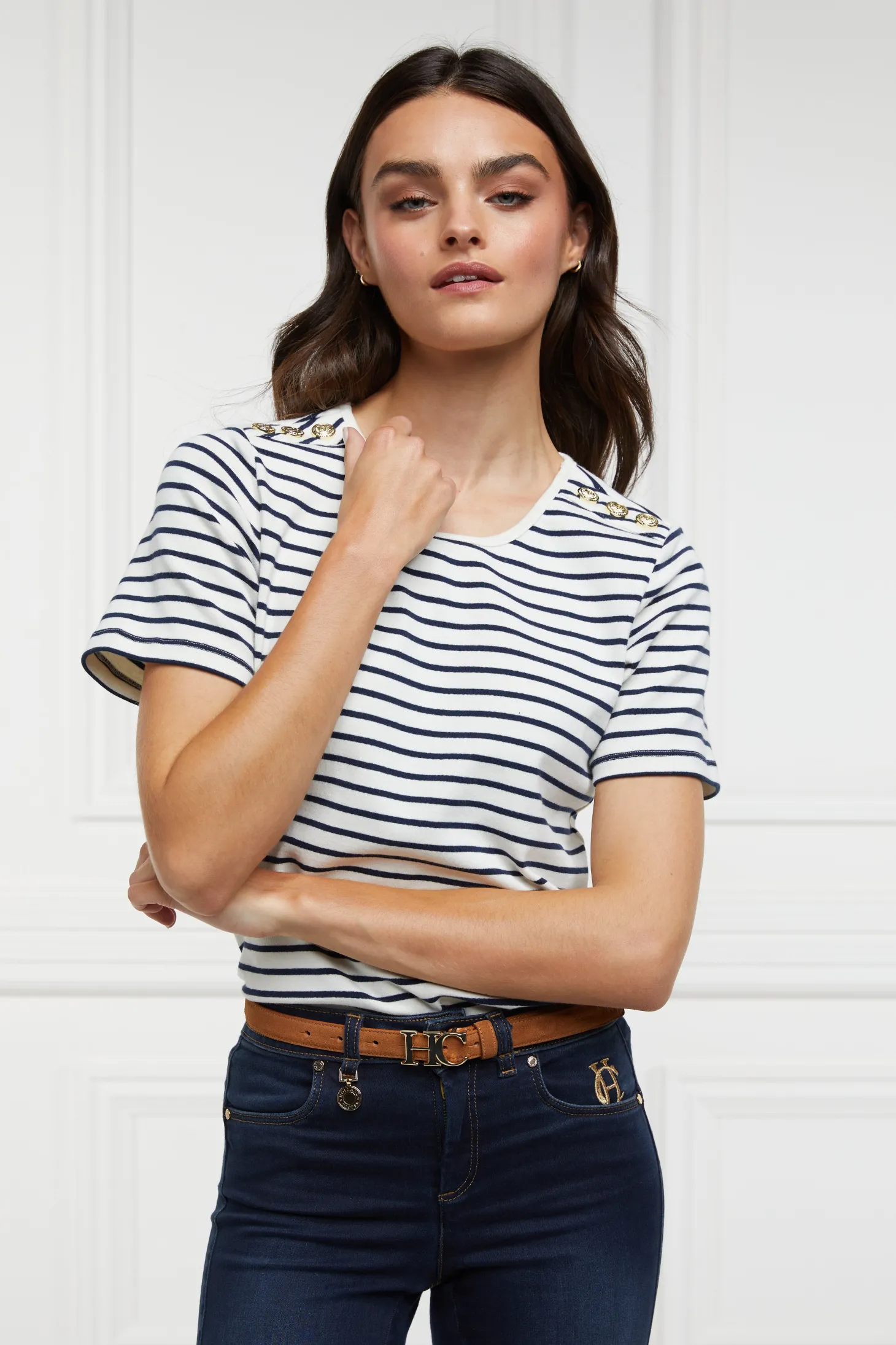 Padstow Crew Neck Tee (Natural Ink Navy Stripe)