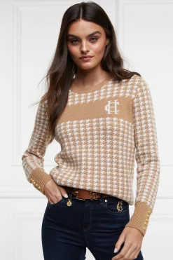 Panel Crew Neck Knit (Camel Houndstooth)