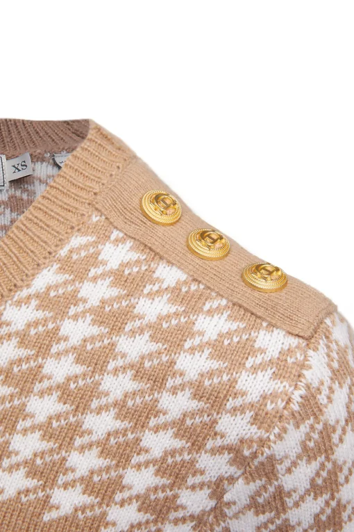Panel Crew Neck Knit (Camel Houndstooth)