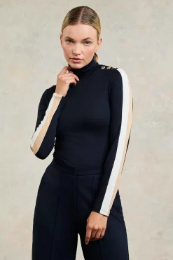 Panel Long Sleeve Roll Neck (Navy Ecru)