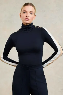 Panel Long Sleeve Roll Neck (Navy Ecru)