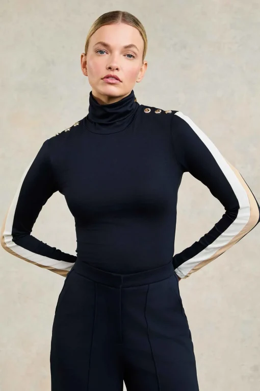 Panel Long Sleeve Roll Neck (Navy Ecru)