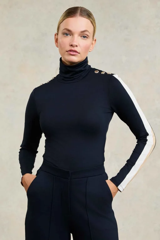 Panel Long Sleeve Roll Neck (Navy Ecru)